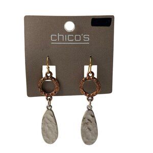 Vtg 90s Chico’s Mixed Metal Hammered Hoop Teardrop Dangle Earrings Copper Silver